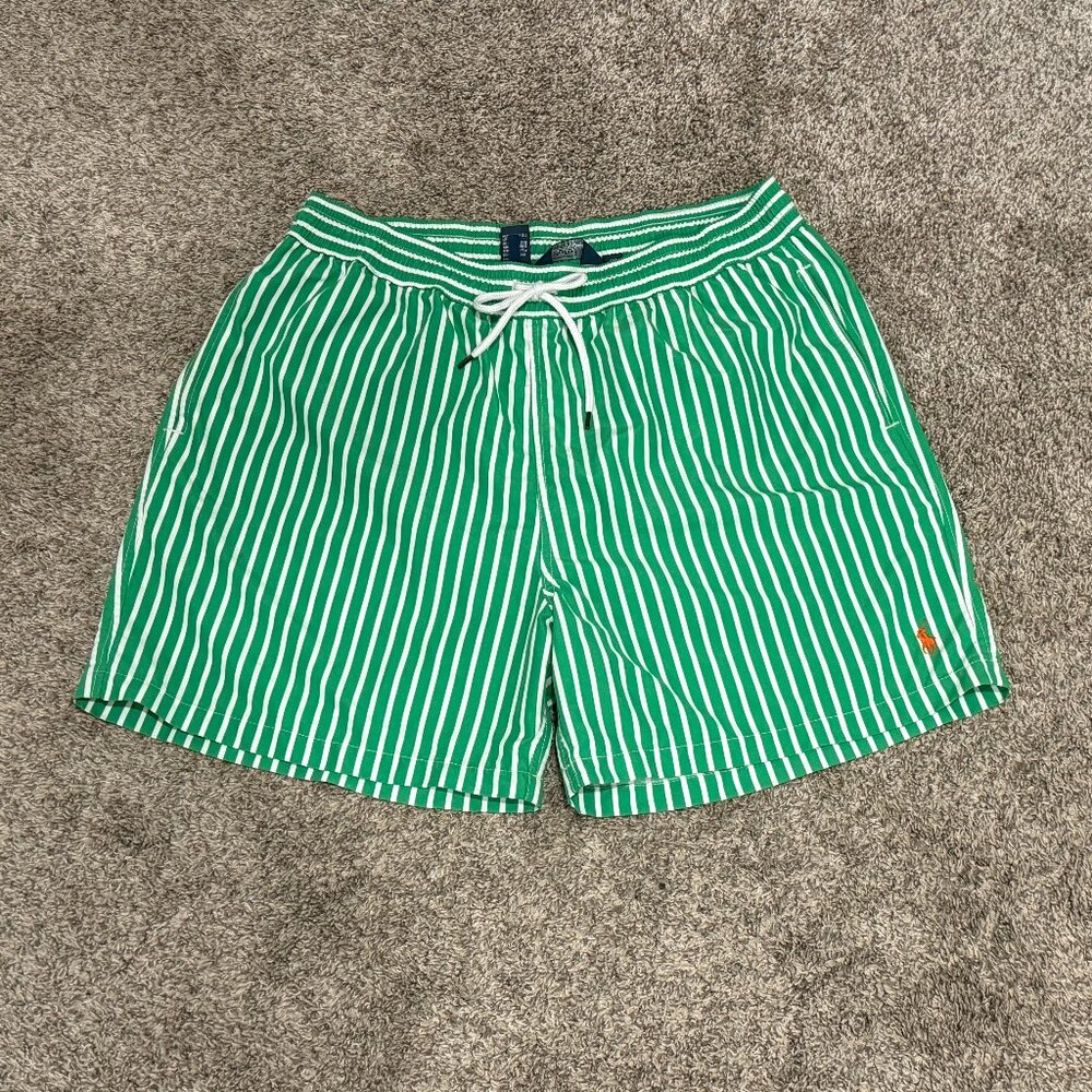 Polo Ralph Lauren Green and White Stripe Drawstring Swim Trunks Shorts Size XXL
